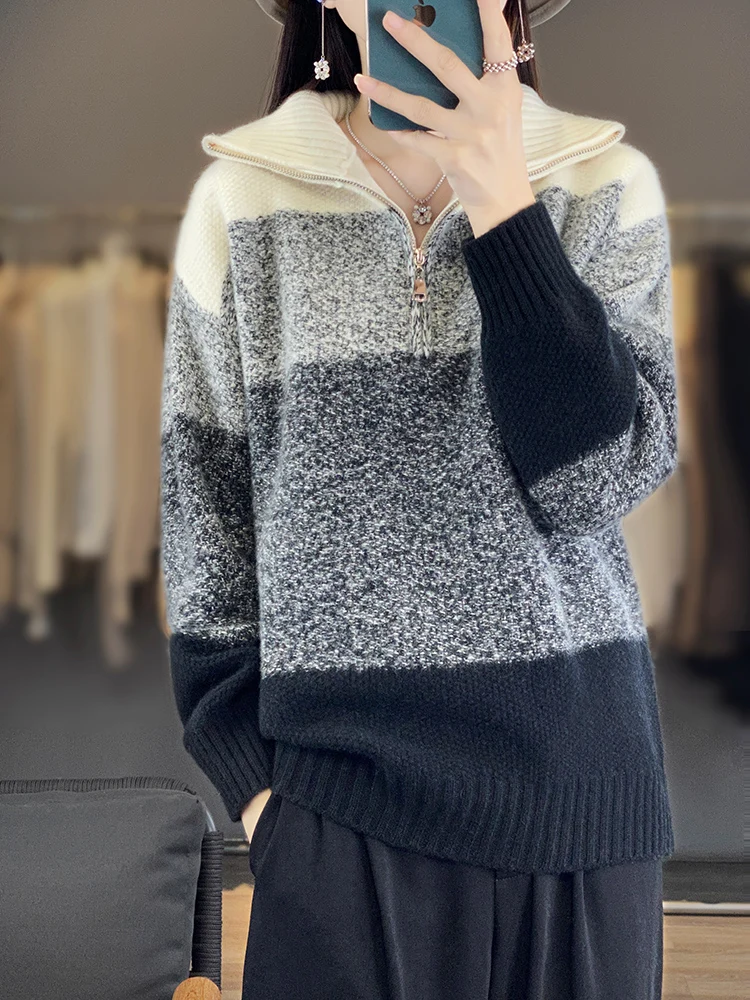 Women Zipper Turtleneck 100% Wool Knit Jumper Winter New Color Block Thick Sweater Jacquard Cashmere Tops Fashion Loose Pullover