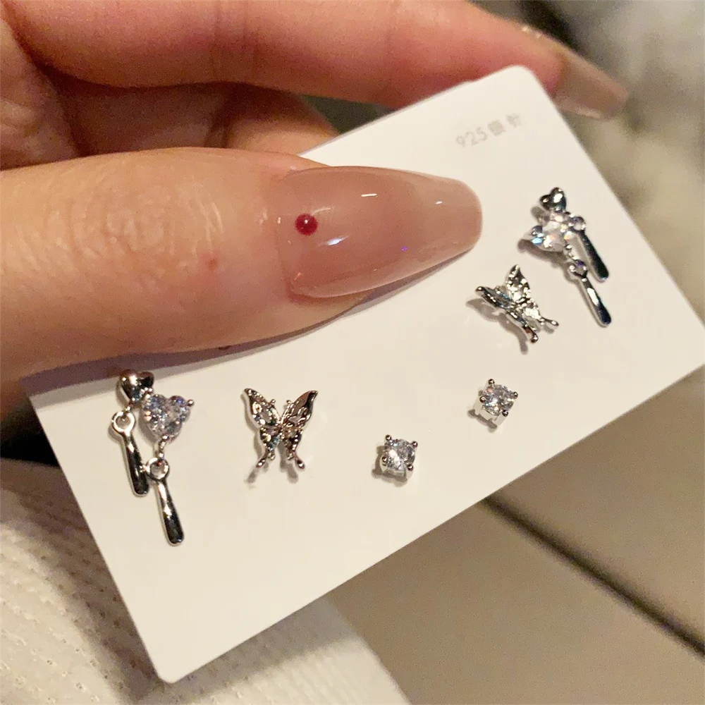 Shiny Y2k Silver Color Crystal Rhinestone Butterfly Heart Bowknot Stud Earrings Set for Women Teen Kpop Delicate Earring Jewelry image 3