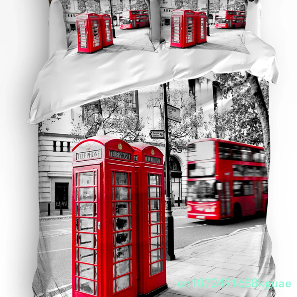 Red Telephone Booth On The English Street 3pcs Bedding Set For Double Bed Home Textile Duvet Cover Quilt Cover Pillowcase