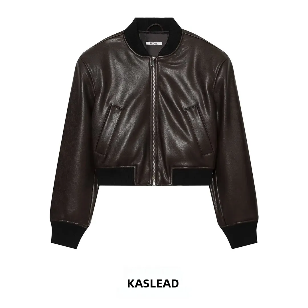 KASLEAD New Women's Leather Effect Pilot Jacket Coat Short Sleeve Zipper Closure Polyester Fiber 8490707 Autumn Fashion Ladie...