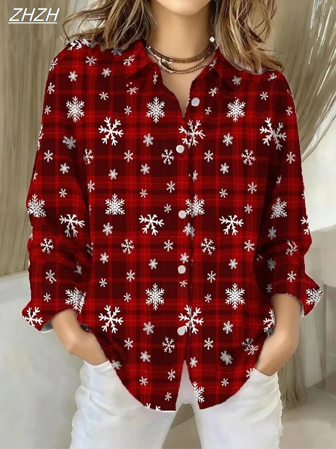2025 Christmas Women's Geometric Print Blouse, Tropical Vintage Style, Patchwork Button Design, Fall Winter Casual Shirts