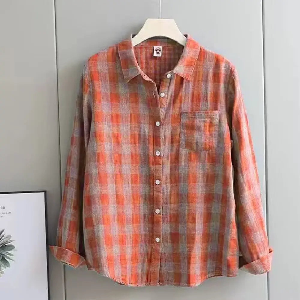 

Клетчатая рубашка в корейском стиле, женская весенне-осенняя хлопковая блузка с длинными рукавами, классический однобортный свободный топ с отложным воротником