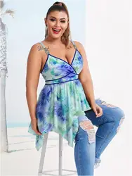 Plus Size Tie Dye Print Floral Flocking Surplice Handkerchief Cami Top Women Summer Can Adjustable Shoulder Strap Vest