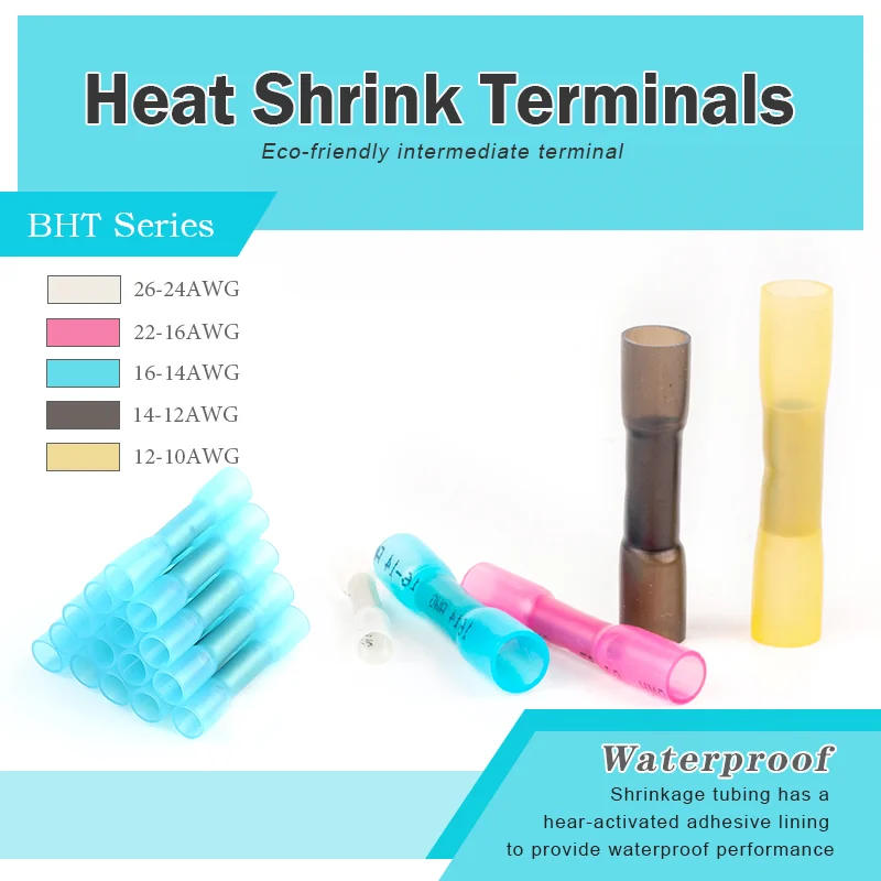 

25/50Pcs Heat Shrink Waterproof Insulated Butt Terminals Shrinkable Solder Crimp Splice Electrical Wire Cable Connector 26-10AWG