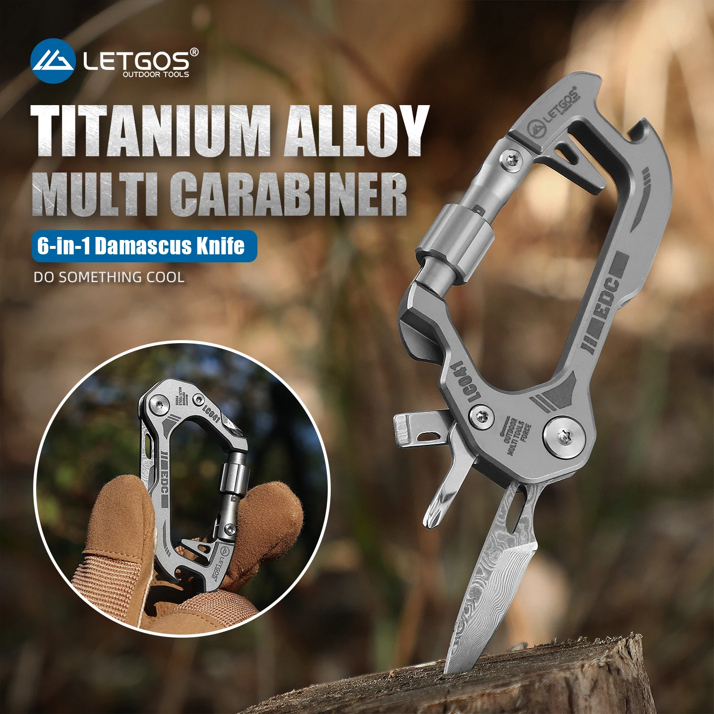 LETGOS Titanium 6-in-1 Multi-Tool Carabiner–EDC Damascus Steel Knife, Bottle Opener, Screwdriver Set, Lockable Keychain Hook