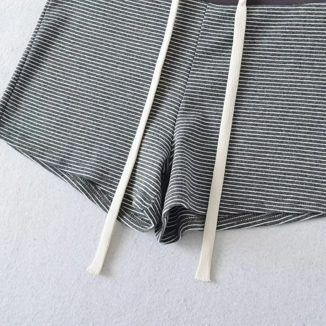 شورت نسائي أمريكي الطراز مريح بخصر واسع ورباط، بنمط مخطط وساق مستقيمة للارتداء الرياضي والمنزلي #3