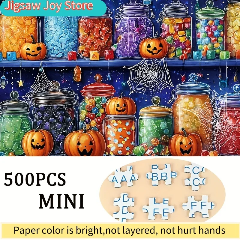 A 500pcs Puzzle for Adults Featuring a Captivating Arrangement of Halloween Candy Jars, Suitable for Party Games And Activitie