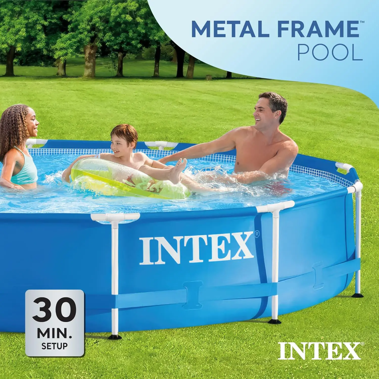 Intex 지상 원형 금속 프레임, 야외 뒤뜰, 어린이 및 성인용 가족 수영장, 6 세 이상, 파란색, 12 ft x 30 in