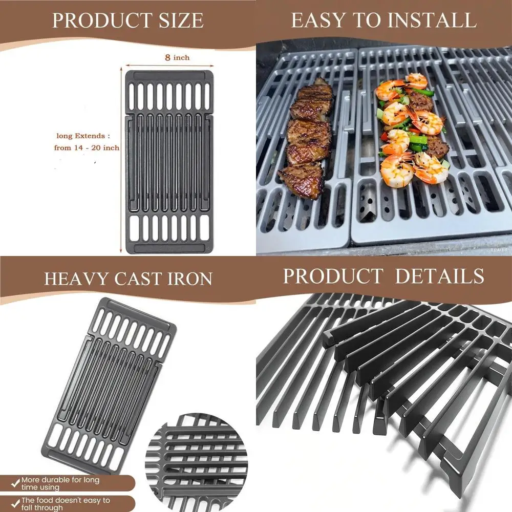 

3-Pack 8 Wide Adjustable Cast Iron BBQ Grill Cooking Grate, Extends 14-20 L for Gas & Electric Grills