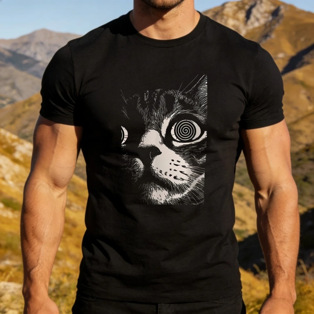 Camiseta gráfica Hypno Cat Spiral Eyes para hombre, camiseta divertida de algodón para amantes de los gatos, camiseta de manga corta, Meme psicodélico, ropa informal para exteriores y uso diario