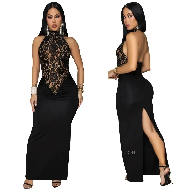 Gaun Maxi Renda Hitam Elegan Tanpa Lengan Dashiki Afrika untuk Wanita Pakaian Tradisional Wanita Afrika Gaun Panjang Peri