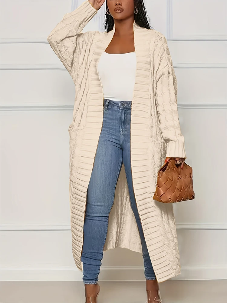 Plus Size Simple Versatile 2023 Autumn and Winter New Women's Extra Long Cardigan Loose Knit Sweater, Solid Color with Pockets