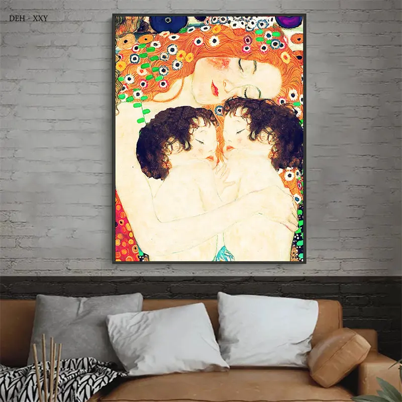 Gustav Klimt Famous Art Canvas Painting Mother and Two Twins Baby Posters and Prints Abstract Figure Wall Art Picture Home Decor