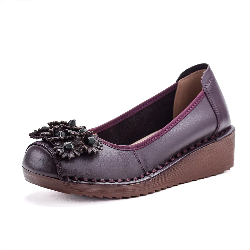 

New vintage 3.5 cm wedge pumps shoes for women cozy autumn slip on flats purple flower shallow mom shoe beautiful med heel pumps