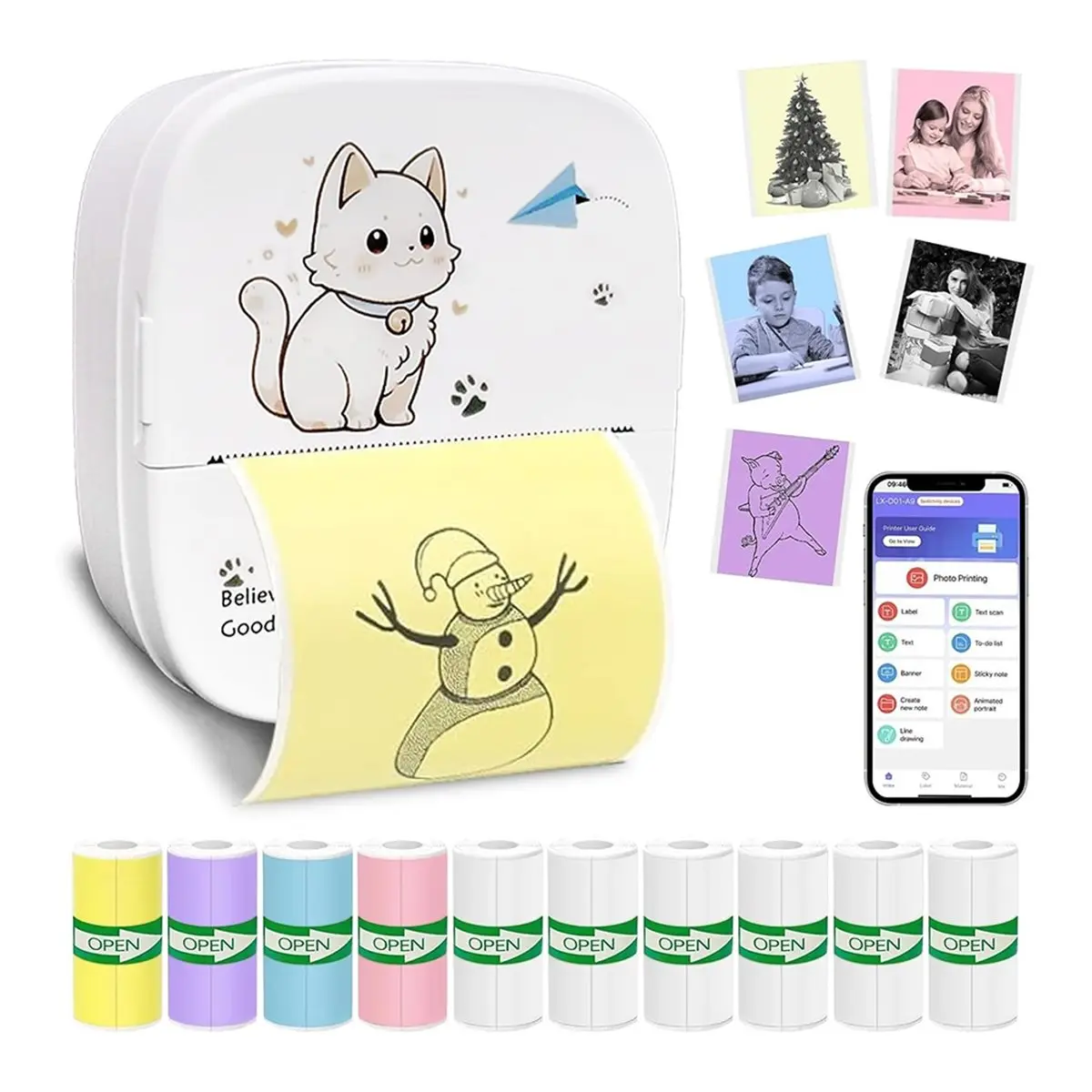 lillili Mini Sticker Printer with 6 Rolls Thermal Paper, Bluetooth Portable Inkless Printer for IOS & Android, Pocket Print Pod