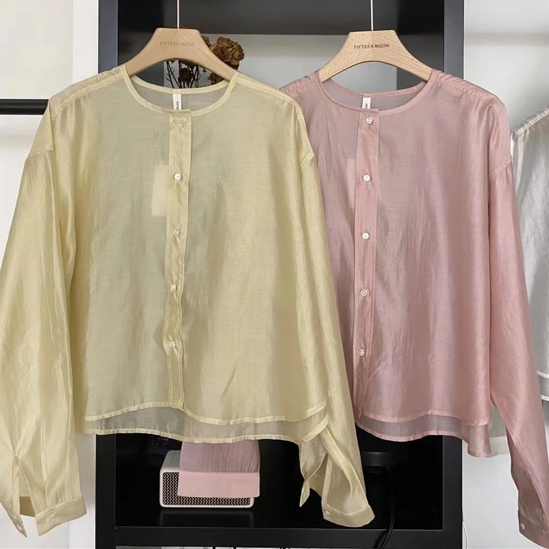 Summer Rayon New High Quality Women's Shirts O-Neck Lightweight Sunscreen Shirts Temperament Smooth Simplicity Solid Coats