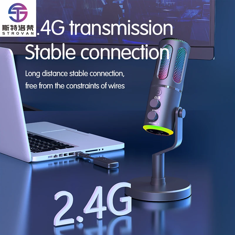 プロフェッショナル2.4GワイヤレスUSBコンピュータ録音マイク、全指向性指向性特性、エコーミュート機能、快適なイヤーパッド付き