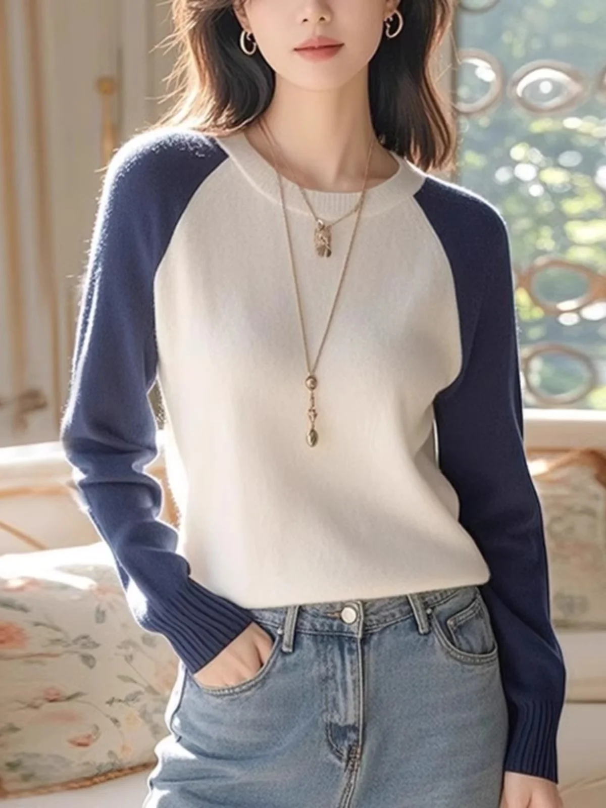 Maglione lavorato a maglia Ne Thiened rotondo con giuntura bianca blu da donna Sle Faionable Top invernale vestibilità ampia lunga Sve Crew Ne