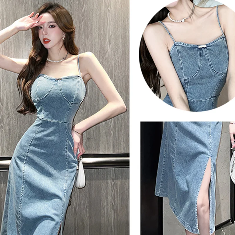 New Summer Women Slim Backless A-line Denim Slip Dress High Waist Mid Skirt Retro Sexy Club Jean Dresses Y2K Fashion Style