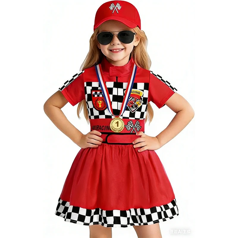 

2026 New Arrival Race Car Driver Halloween Fancy Dress Up Dress With Hat Set Girls Red Racer Costume