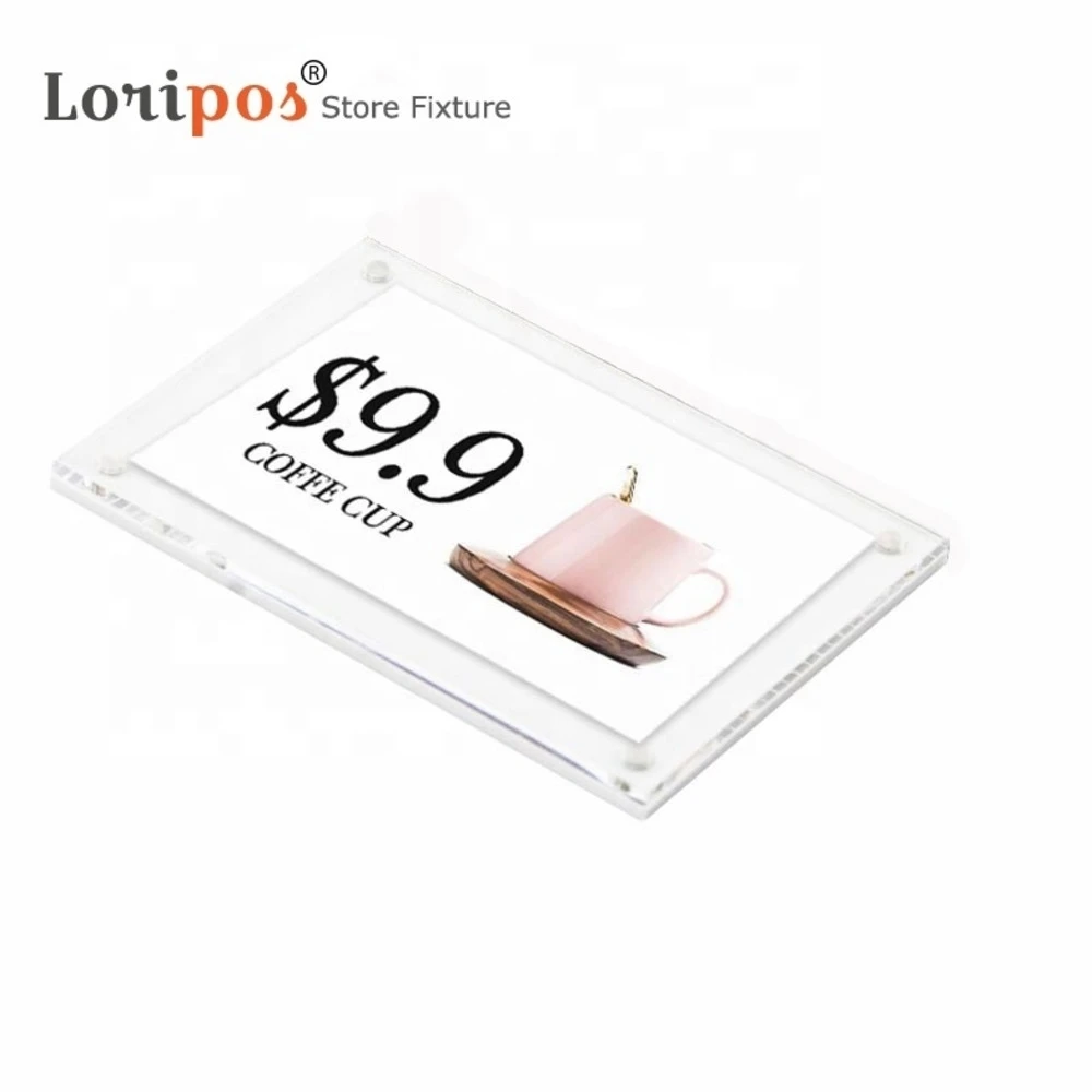 Sticker Price Tag Display Acrylic Magnet Name Card Shelf Wall Mount Info Desk Table Sign Holder Photo Frame