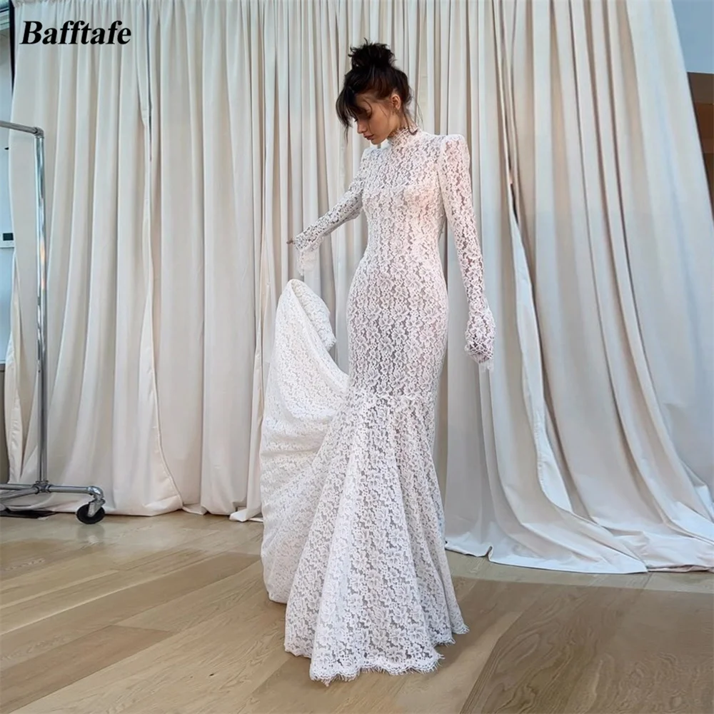 

Bafftafe Mermaid Lace Wedding Dresses High Neck Beaded Long Sleeves Bride Wedding Gowns Fishtail Women Bridal Dress Customized