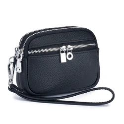 Large Capacity Women's Wallets Genuine Leather Short Coin Purse Leather Zipper Multi-function Mini Clutch Bag with Wrist Strap