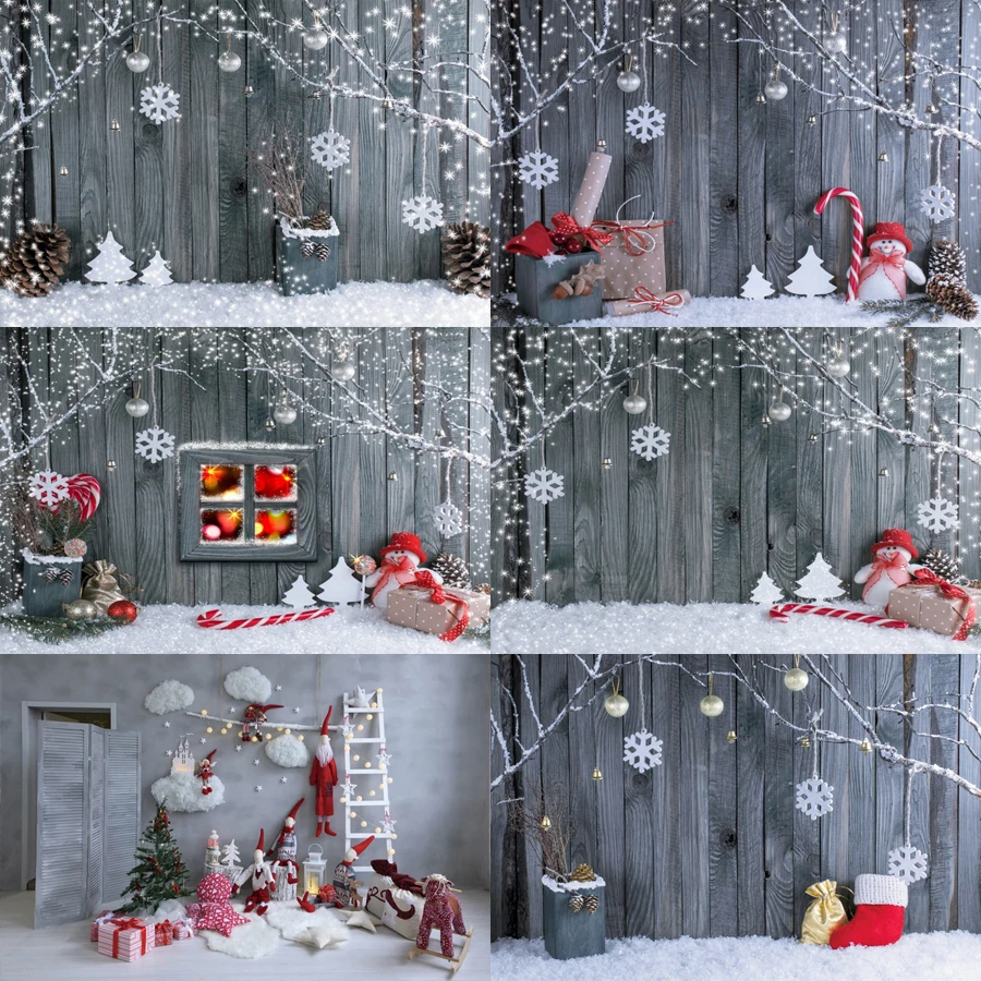Winter For Photography Backdrop Old Plank Christmas Festivals Snow Snowman Baby Gift Candy Floor Party Photo Background Poster