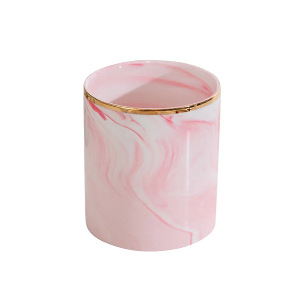 

European Style Marbled Ceramic Pen Holder Golden Pink Smooth Surface Desktop Organizer Pencil Ruler Stationery Makeup Brush