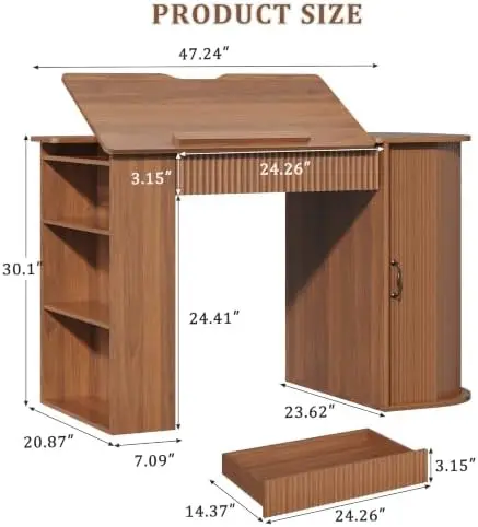 Drafting Table with Storage Cabinet & Drawers, Crafting Table with Open Shelves, Fluted Drawing Desk Computer Desk for