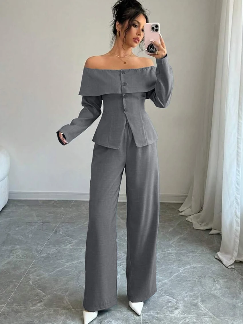 

Marthaqiqi Fashion Ladies Nightwear Suit Long Sleeve Nightgown Sexy Slash Neck Pajamas Pants Winter Female Sleepwear 2 Piece Set