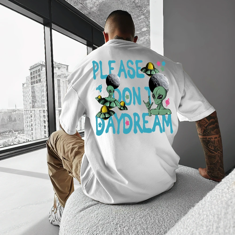 Men Oversized T Shirt Alien UFO Please Don't Daydream Letter Back Print Crew Neck Short Sleeve Sci-Fi Street Loose Casual Tee