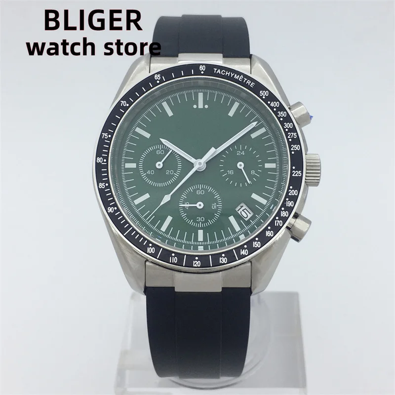 

Bliger 40mm Luxury Mechanical Men's Watch unmarked green dial perimeter date indication multifunctional steel rubber band watch