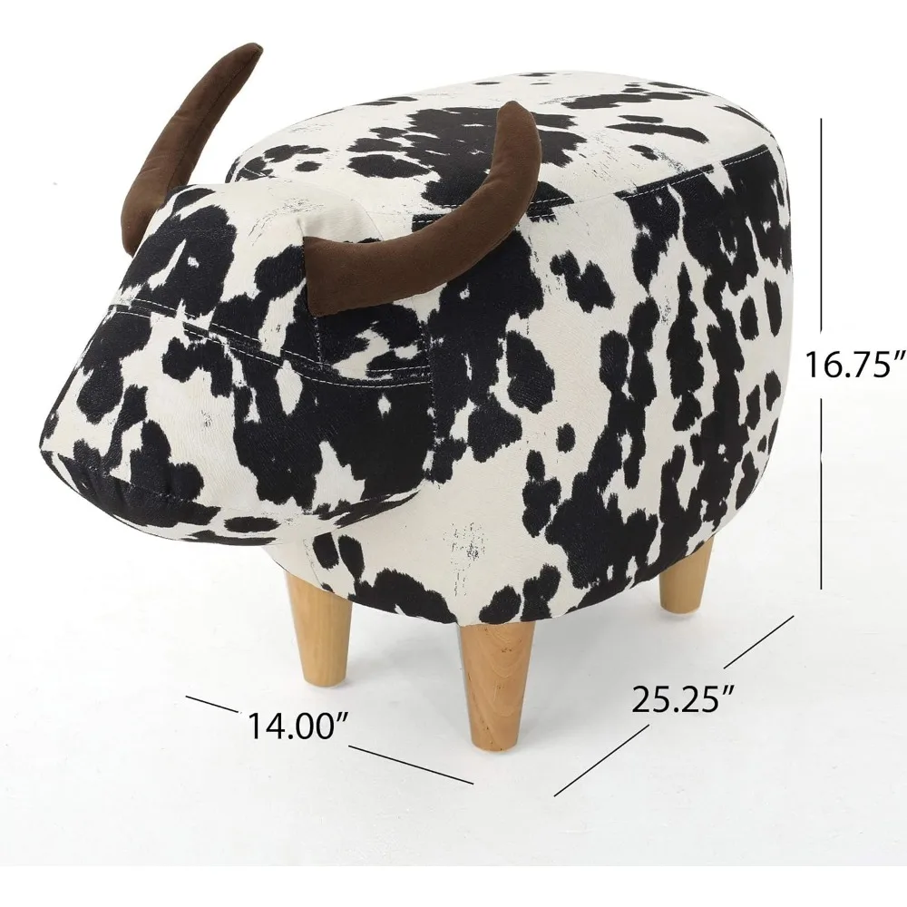 Bessie Patterned Velvet Cow Ottoman, Black And White Cow Hide / Natural