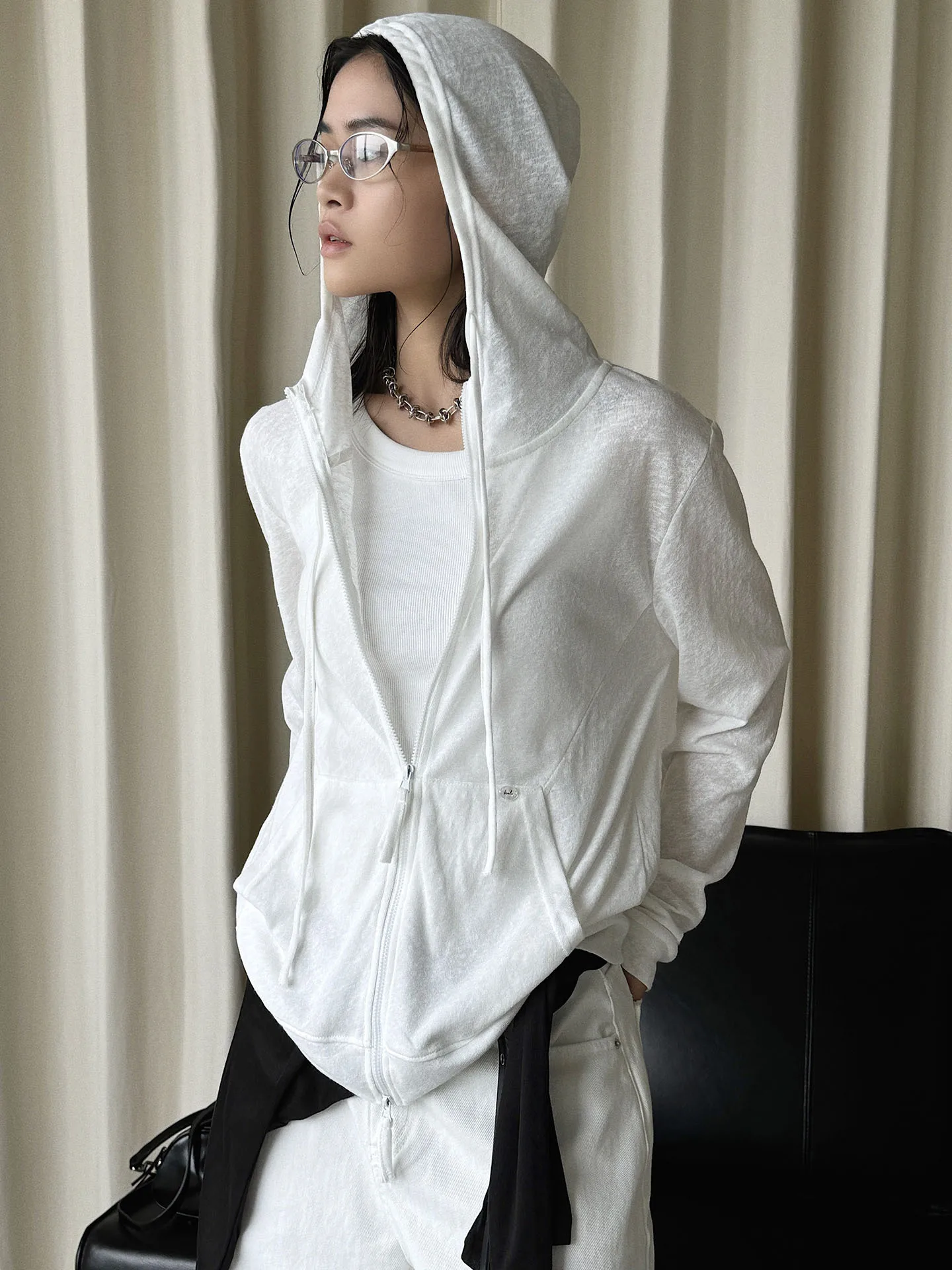 Summer new Korean minimalist relaxed hooded double zipper solid color cardigan T-shirt sunscreen top for women