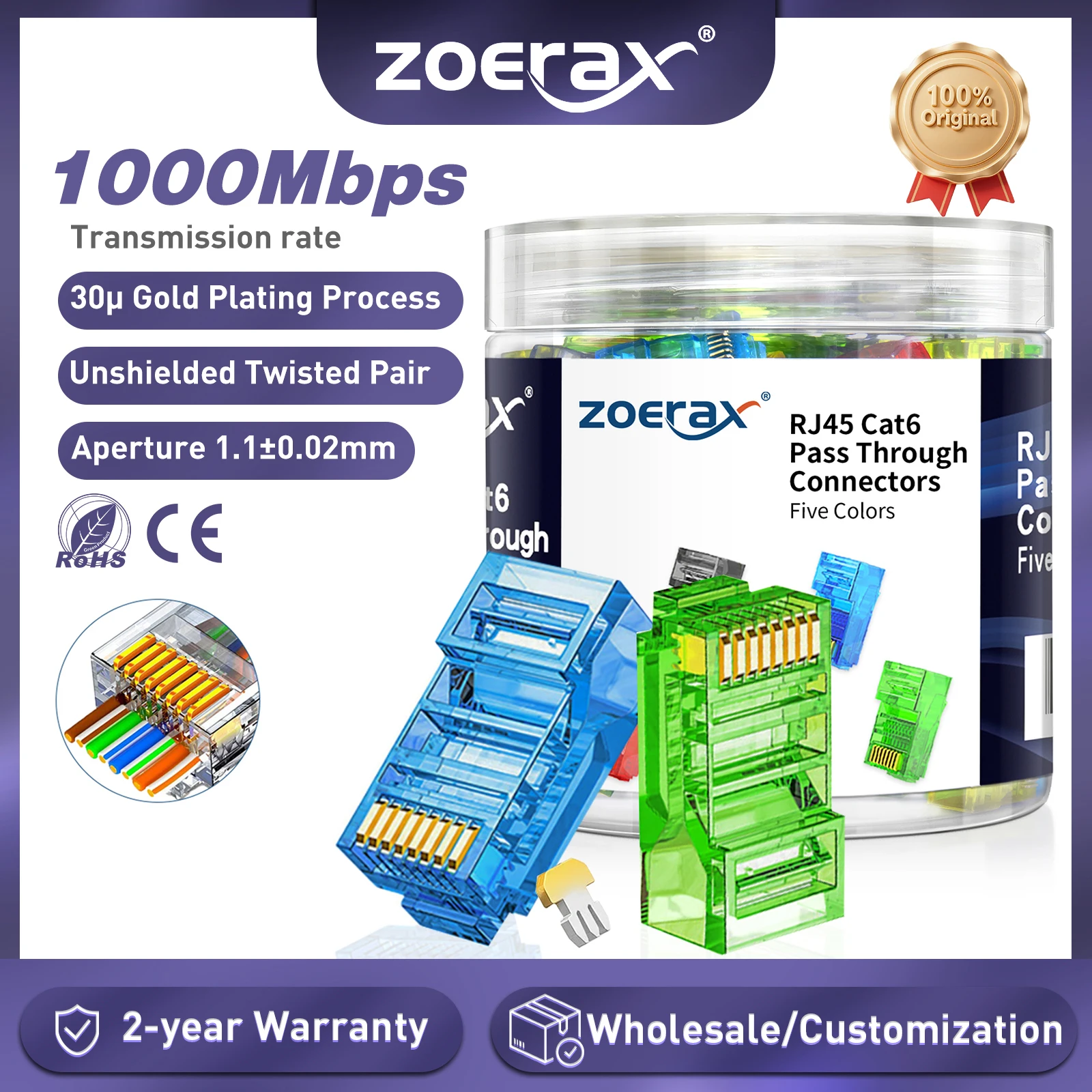 

ZoeRax, 100 шт., сквозной разъем RJ45 Cat6, разные цвета, модульные вилки RJ45 для твердого или многожильного сетевого кабеля UTP