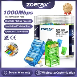 ZoeRax 100-Pack RJ45 Cat6 Pass Through Connector ,Assorted Colors,RJ45 Modular Plugs for Solid or Stranded UTP Network Cable