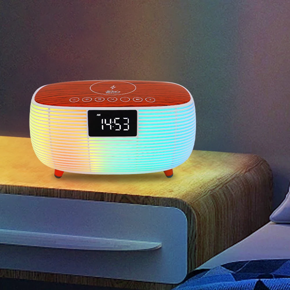 Bedroom Bedside Lamp Ambient Night Light Desktop Alarm Clock Multifunctional Bluetooth Speaker 15W Wireless Phone Fast Charging