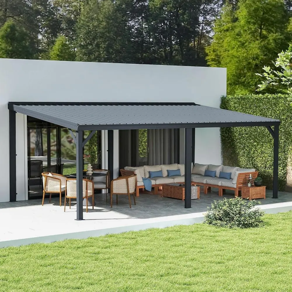 

Domi 12' x 20' Lean to Gazebo, Wall Mounted Gazebos Pergola with Built in Drainage System, Galvanized Steel Roo, Hardtop Patio