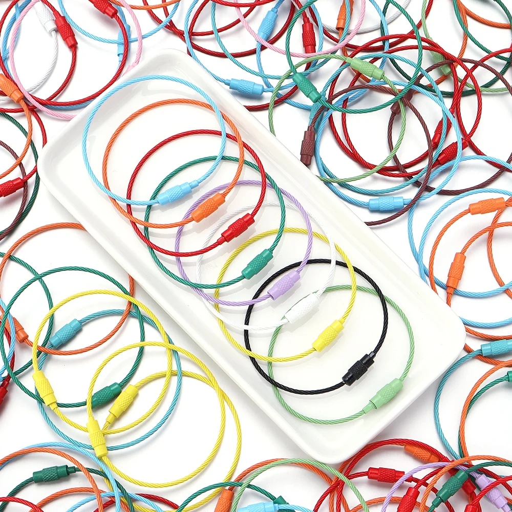 5pcs/lot Stainless Steel Wire Keychains Colored Cable Loop Screw Lock Rope Key Holder DIY Keyring Key Chains Jewelry Making