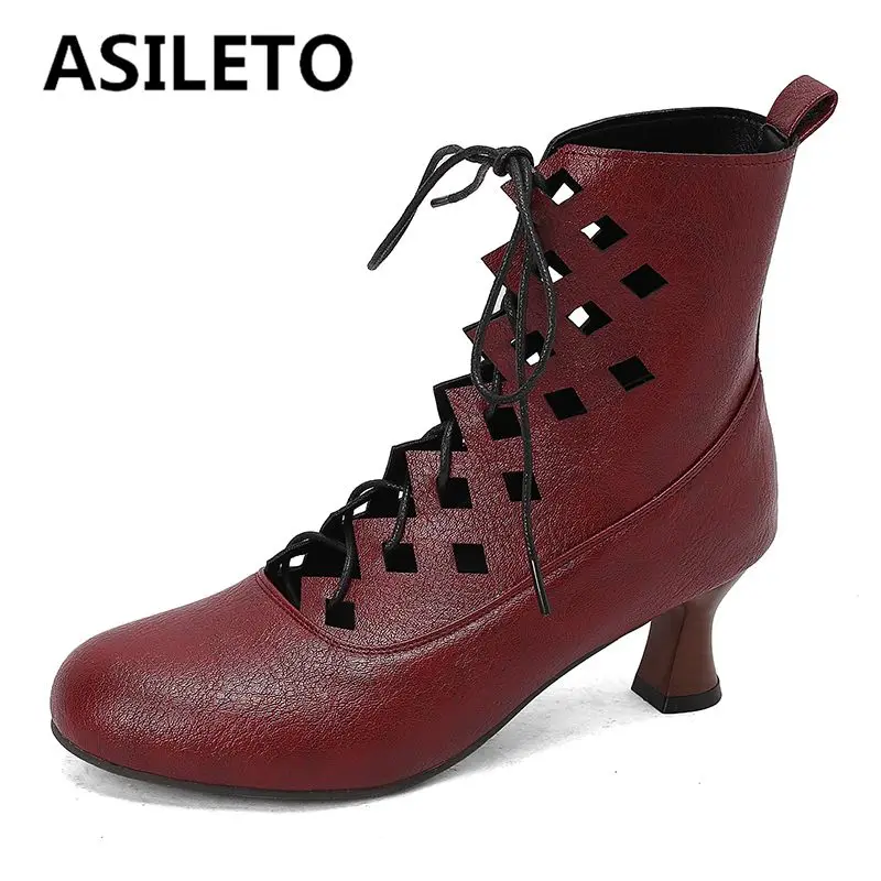 

ASILETO Design Women Ankle Summer Boots Round Toe Strange Heel 6cm Lace Up Soft Breathable Female Daily Bota Big Size 48 49 50