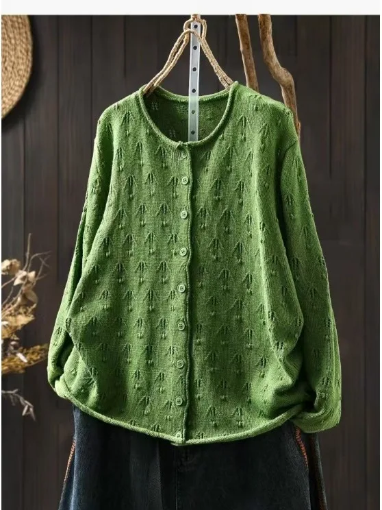 

Women's Knitted Cardigan Coat Long Sve Pure Color Faion Artistic Turn-up Design Autumn Winter Outerwear Casual Loose Fit