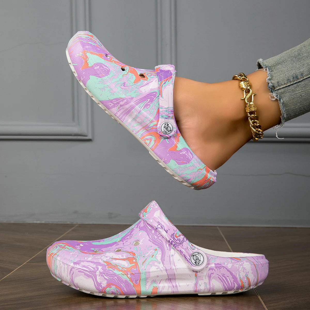 Garden Clogs Comfortable Women\'s Tie-dye Pattern Clogs, Slip On Lightweight Two-way Wear Clogs, Non-slip Summer Beach Slides