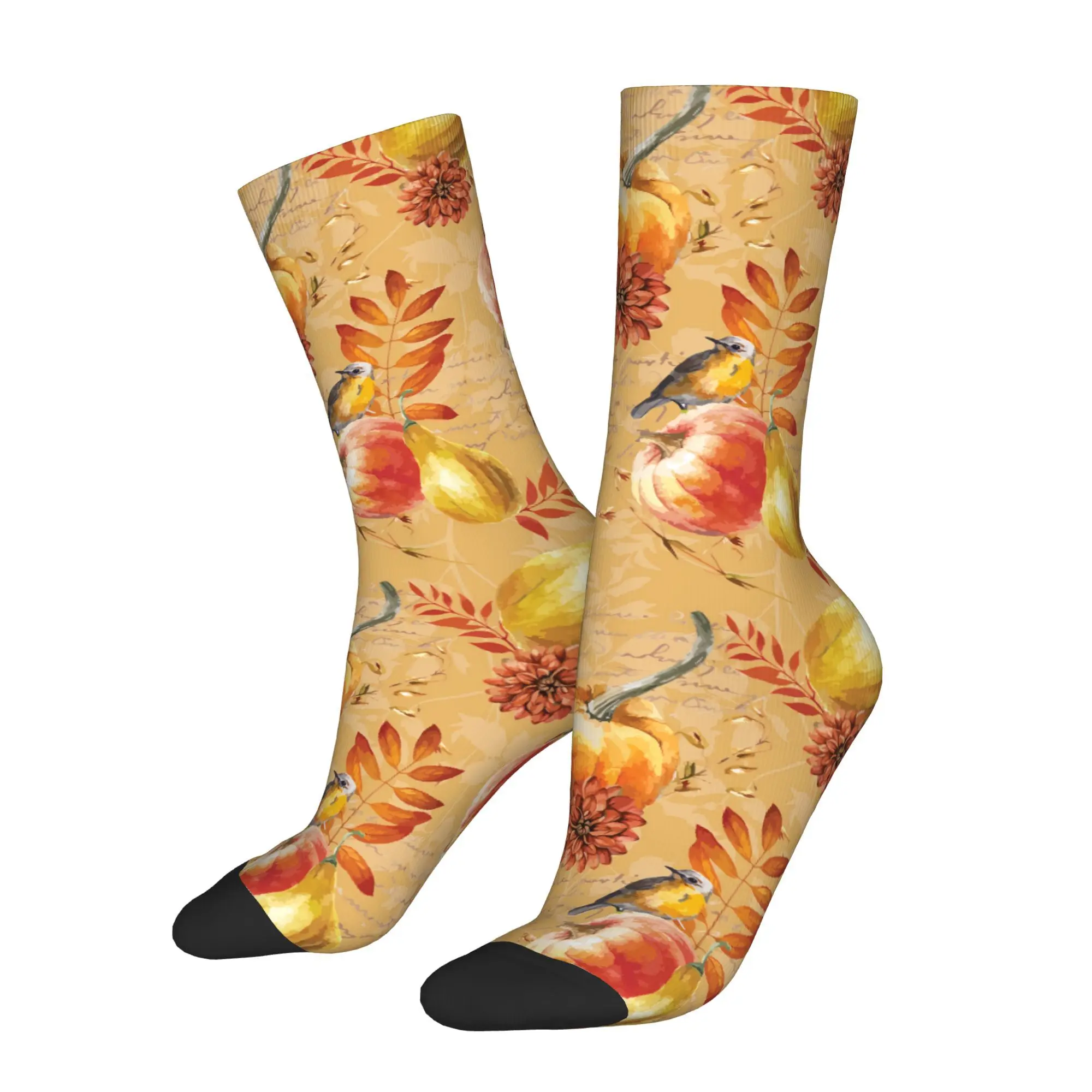 1pc Autumn Pattern with Birds Gourds Pumpkin Printed Men's Socks  Novelty Hip Hop Harajuku Pattern Crew Sock Casual Gift