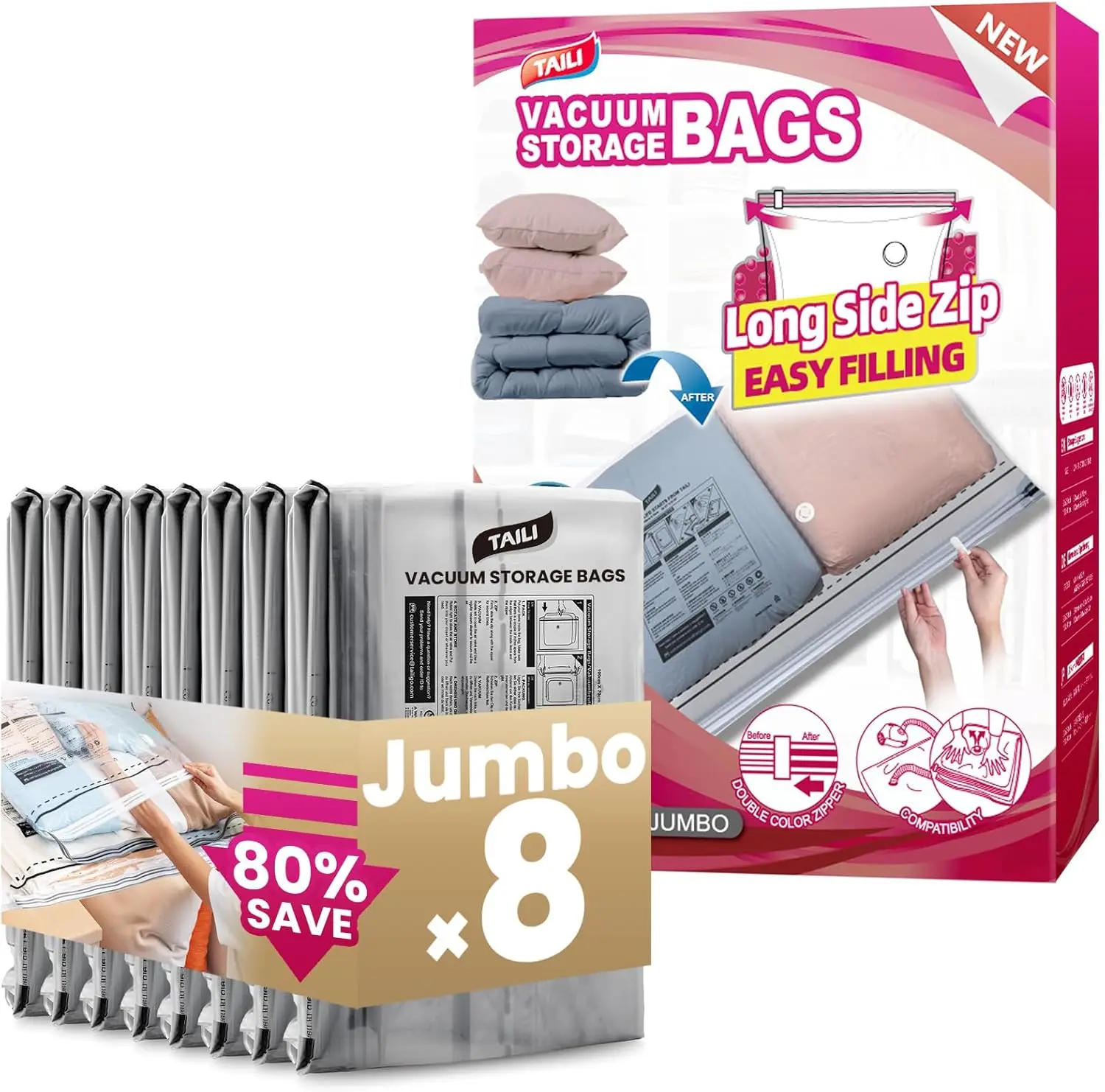 

Вакуумные пакеты для хранения Jumbo, 39x28 дюймов, с длинной боковой молнией, для постельного белья, одежды и одеял - экономия места