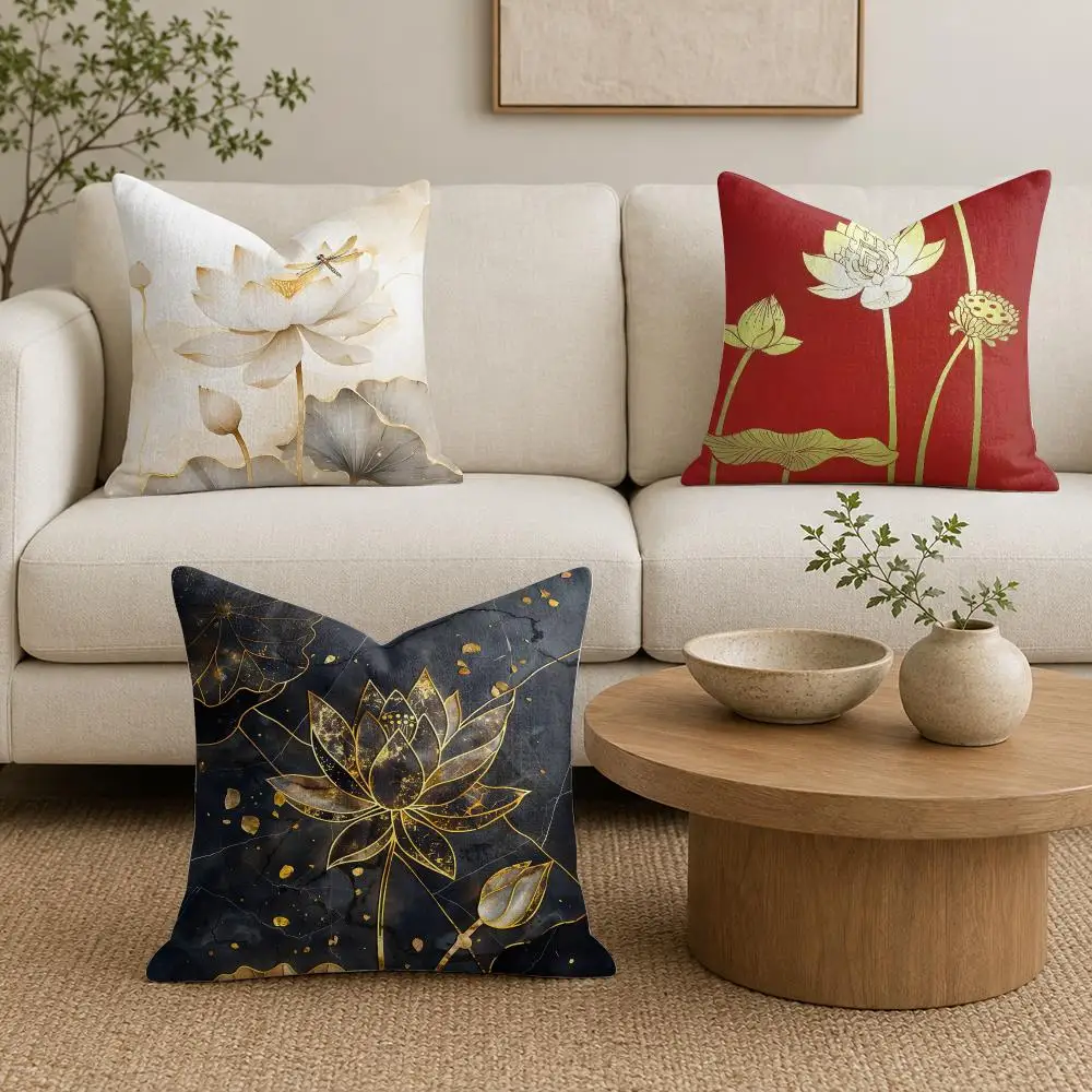 Golden Lotus Cushion Cover Organic Linen Throw Pillow Cover - Double-Sided Print Breathable Cushion Case Home Decor