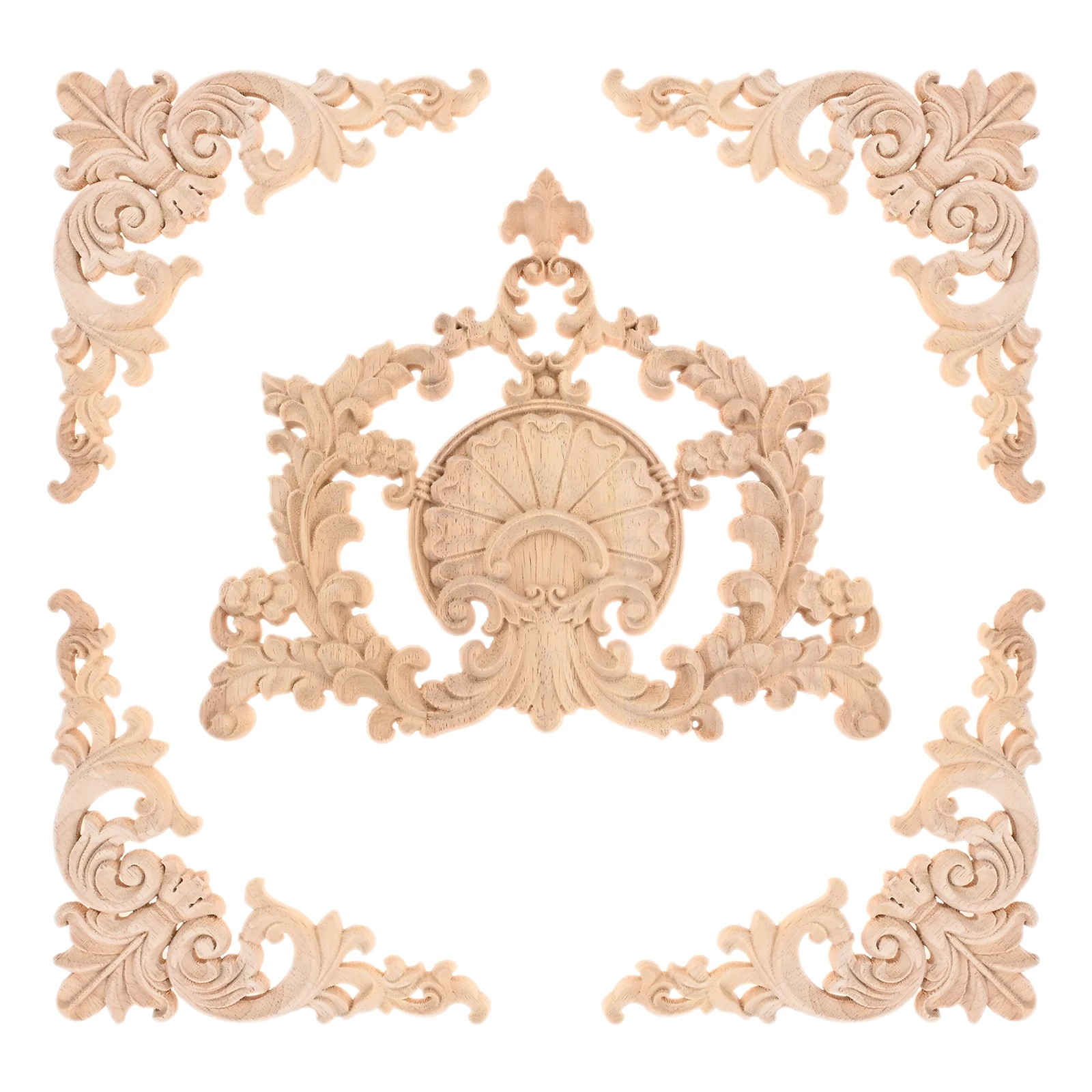 5pcs/kit Wood Appliques Cut-out Crown Door Decals Hollow Flower Corner Decor Furniture Window Cabinet Bed Cupboard Wardrobe Box