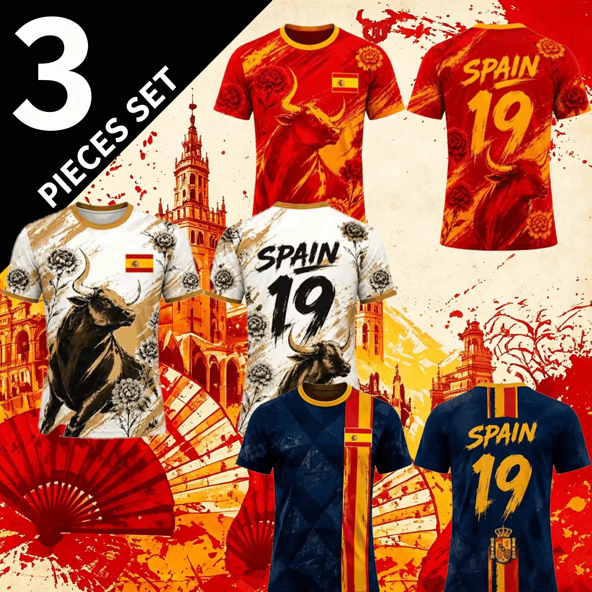 26 New Spain National Bull Flag Graphic Jersey Tee Set, Unisex Quick Breathable Soccer Short Sleeve Summer Daily Training Shirts