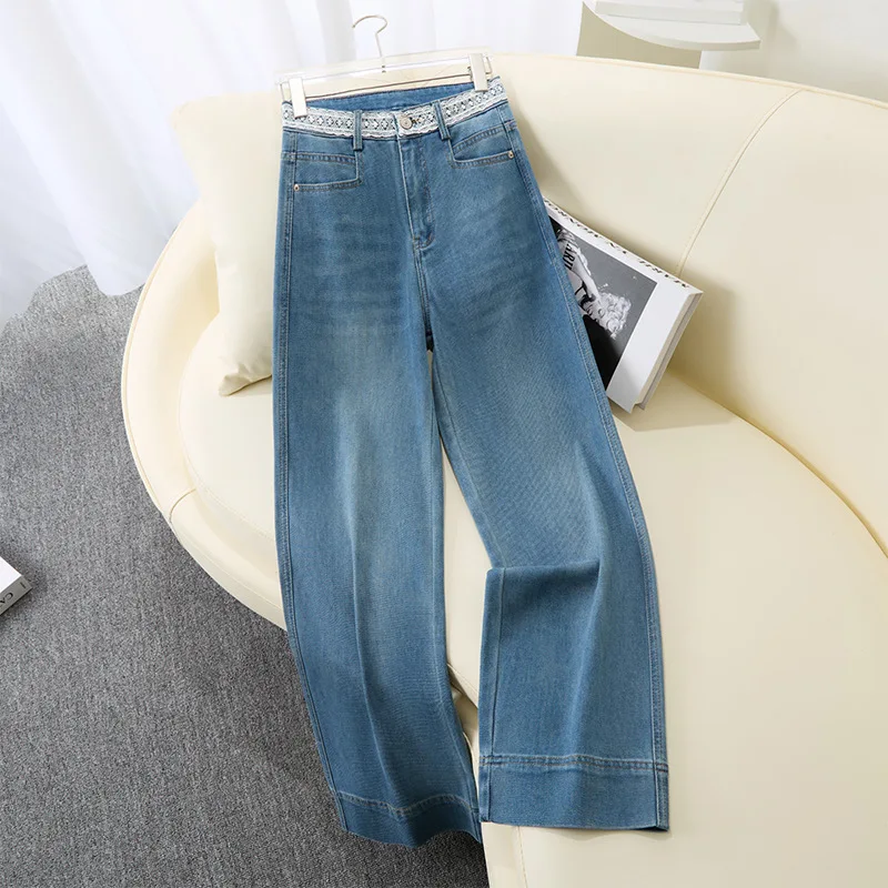 سراويل واسعة الساق باللون الأزرق الداكن مكونة من تسع نقاط للنساء، جينز خريفي متعدد الاستخدامات عالي الخصر عصري مستقيم الساق، سراويل كاجوال صغيرة #2