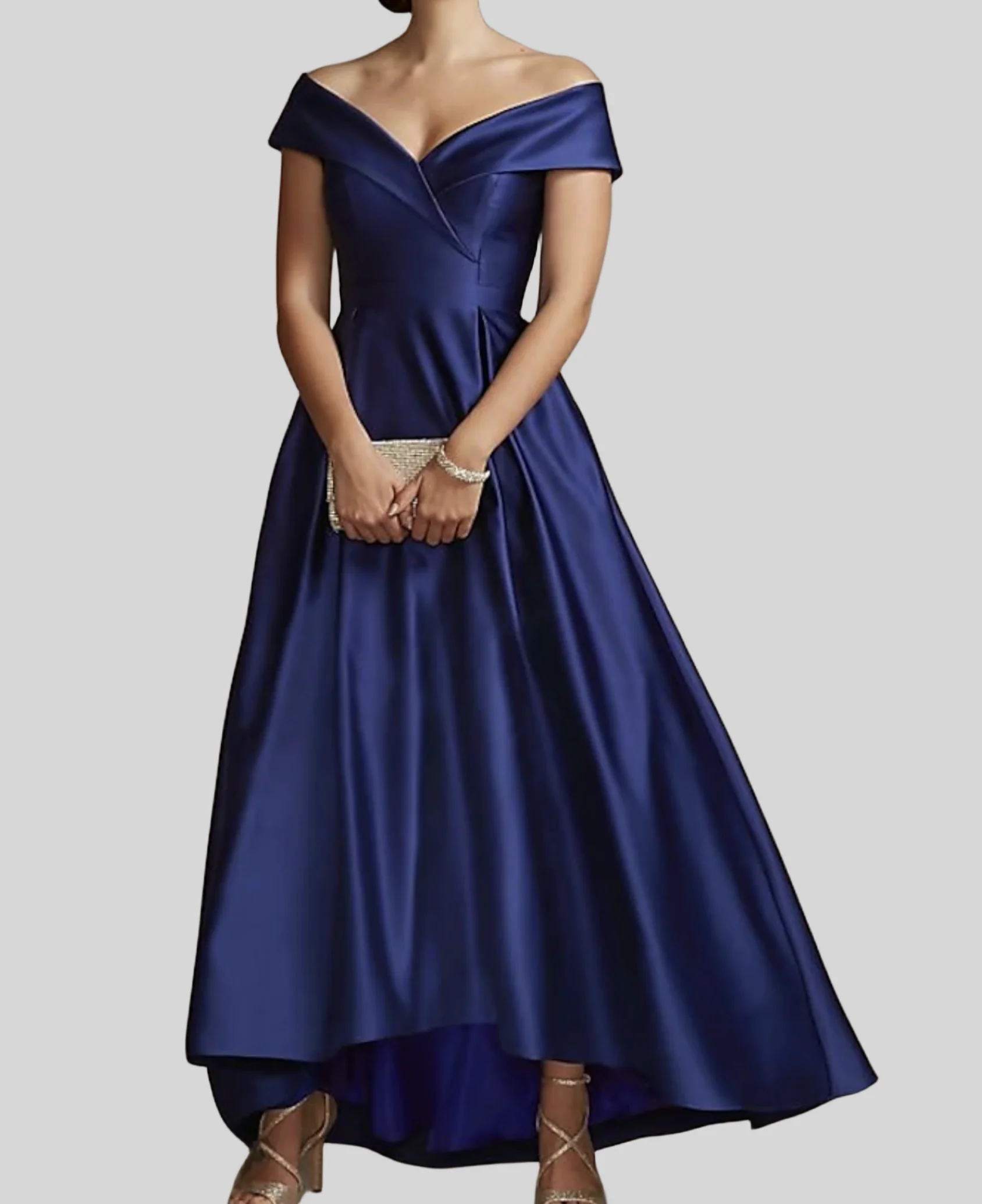 

A-Line Mother of the Bride Dress Wedding Guest Elegant High Low Off Shoulder Asymmetrical Satin Short Sleeve with Pleats 2024